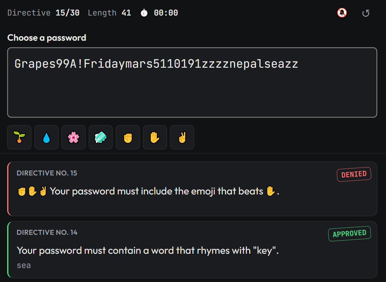 The Password Games at directive 15 of 30: a password in the box, directive 15 stamped DENIED for missing the rock-paper-scissors emoji, and directive 14 approved below it for the word sea.